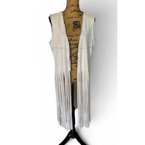 Fornia Beige Faux Suede Open Front Long Fringe Western Vest Women’s M